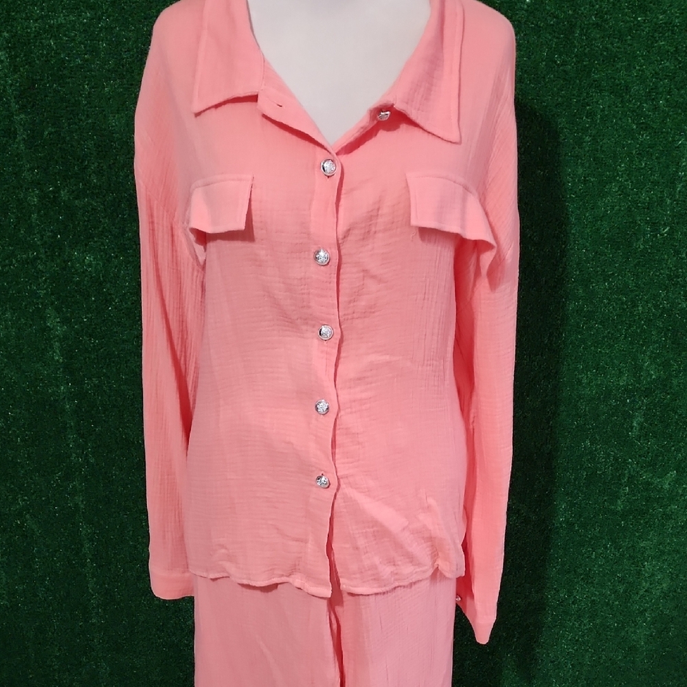 Coral Button-Up Blouse and Skirt Set